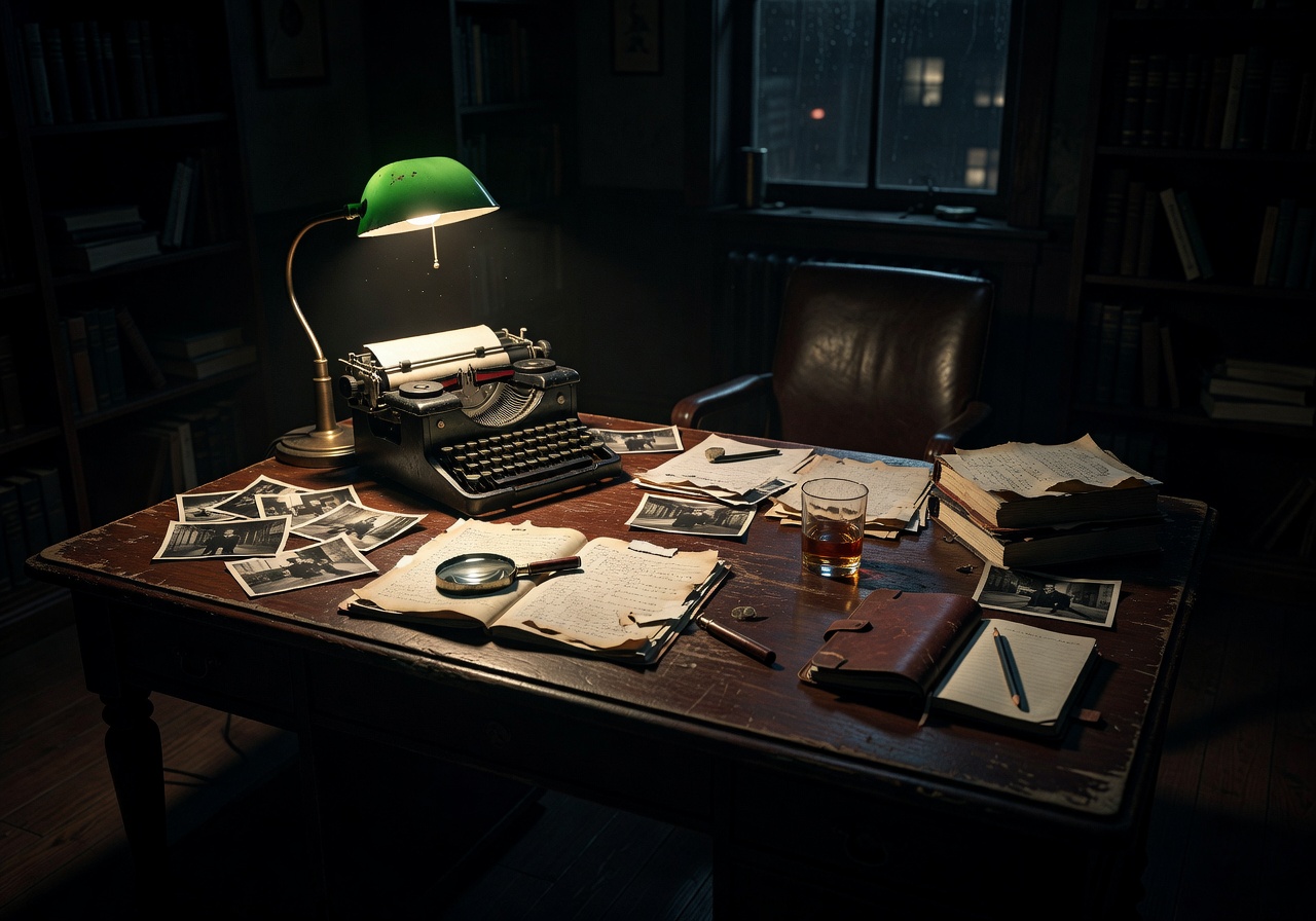 Dark atmospheric detective desk with cinematic lighting