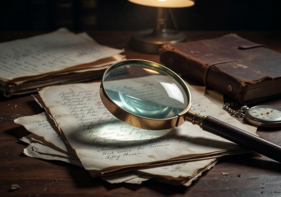 Magnifying glass focusing on documents, detective theme