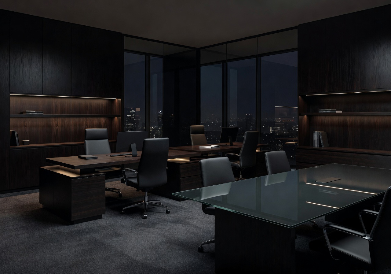 Premium dark corporate office environment, modern workspace